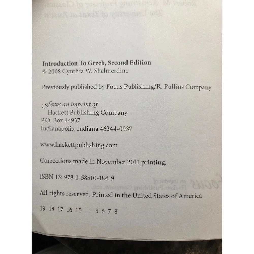 Introduction To Greek Second Edition C.W. Shelmerdine Hackett 2008 Paperback